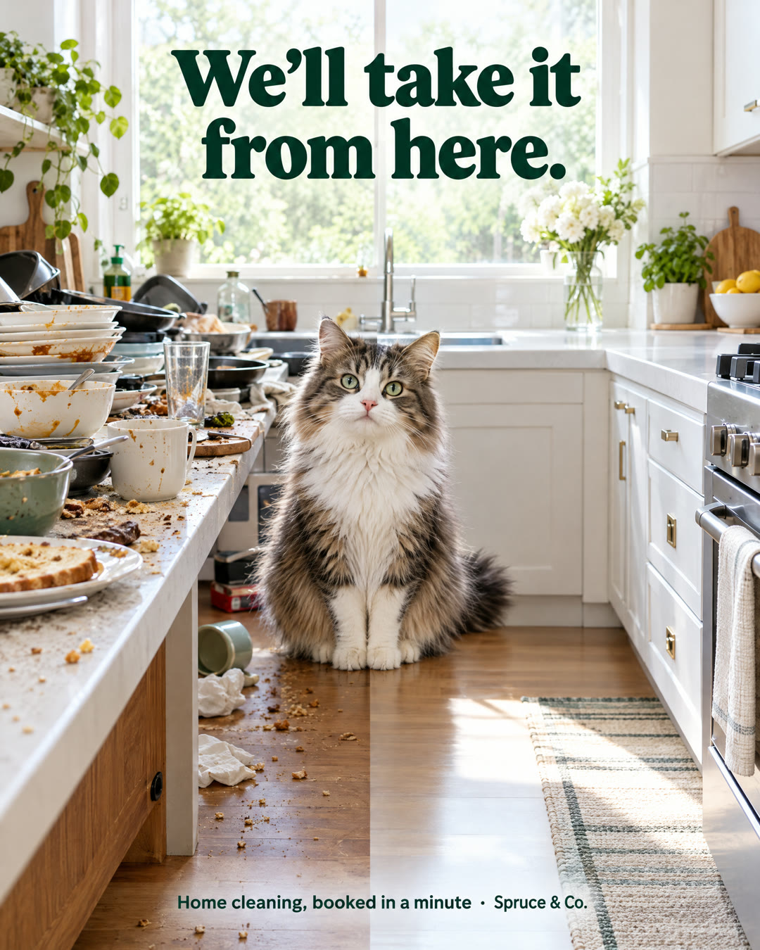 Sample cleaning ad: a kitchen half messy, half spotless, with a cat in the middle. We’ll take it from here.