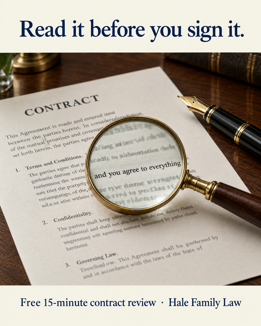 Sample law office ad: a magnifying glass over fine print. Read it before you sign it.
