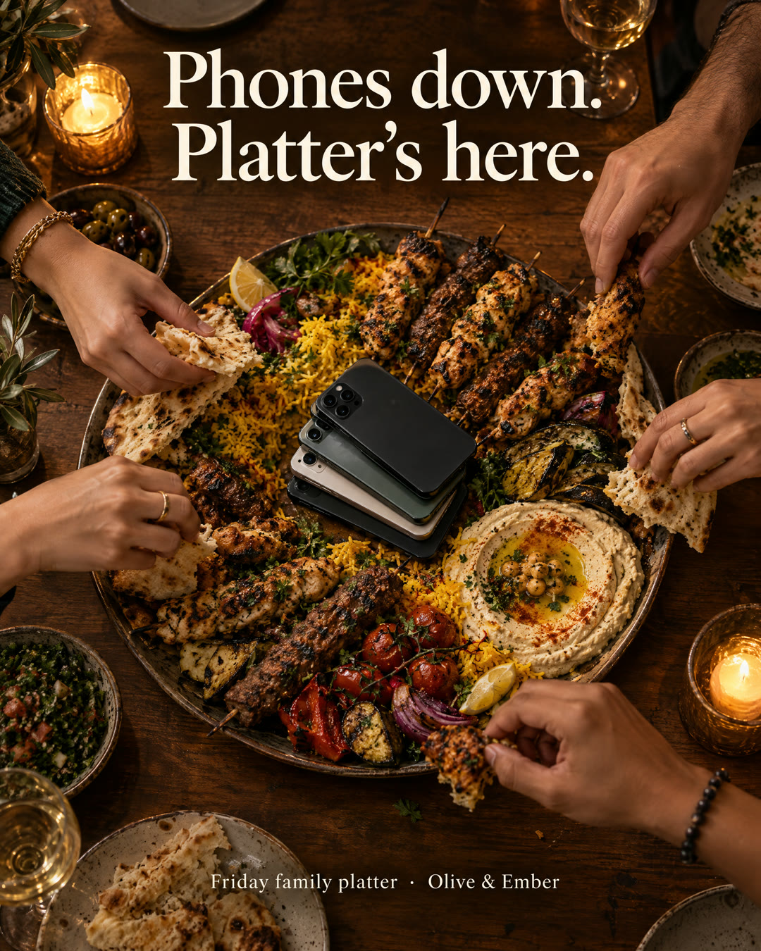 Sample restaurant ad: phones stacked face-down in the middle of a family platter. Phones down. Platter’s here.