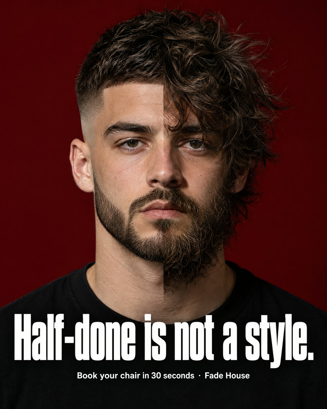 Sample barbershop ad: a man with half a fresh fade and half overgrown hair. Half-done is not a style.