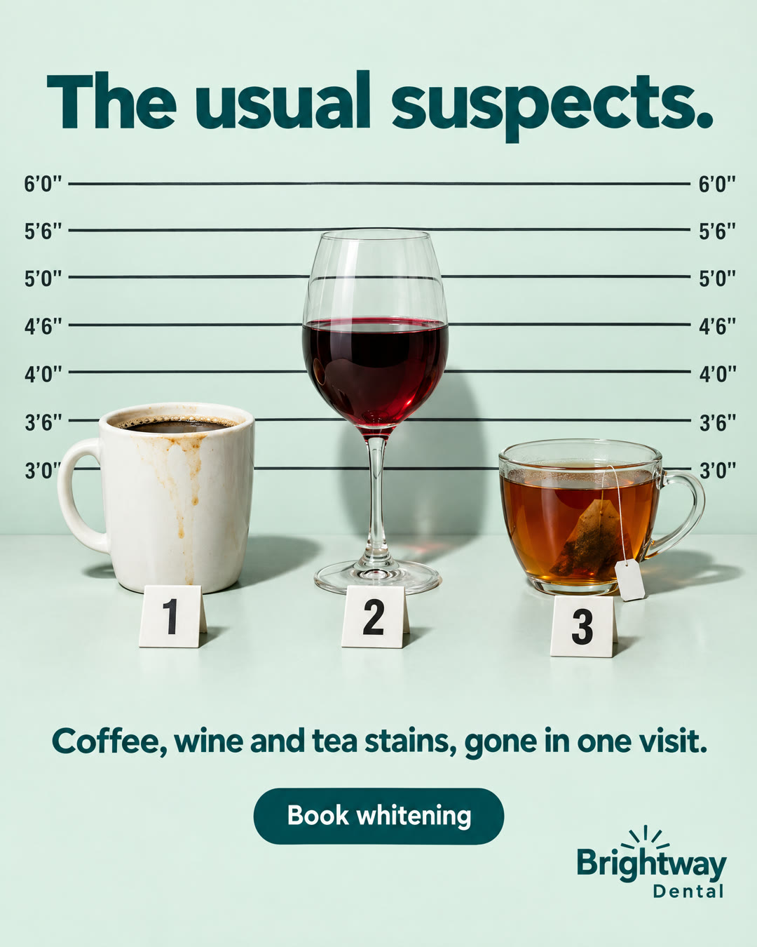 Sample dental ad: a coffee mug, red wine and tea in a police lineup. The usual suspects.