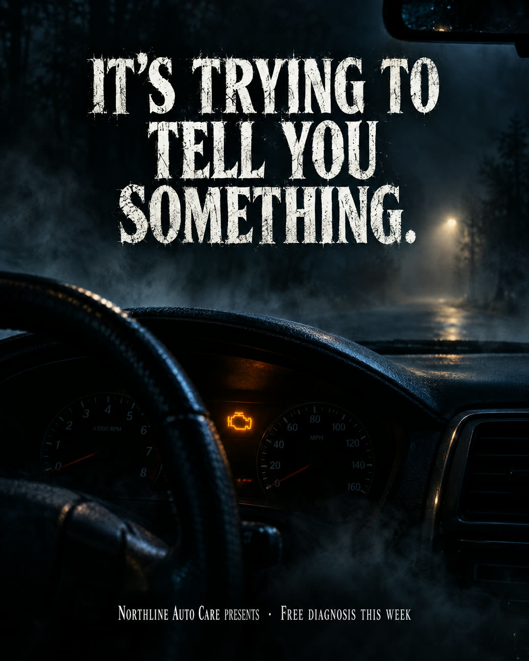 Sample auto repair ad styled like a horror movie poster. It’s trying to tell you something.